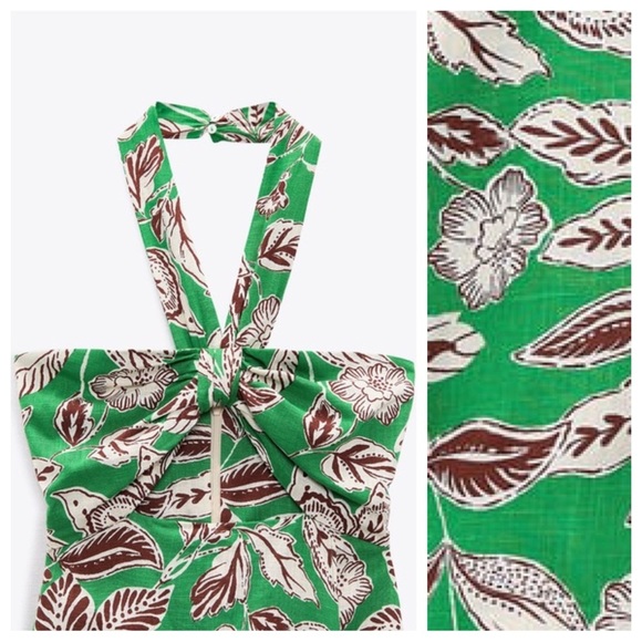 NWT. Zara Green Linen/Cotton Cut-Out Tropical Print Jumpsuit/Romper. Size L. - Picture 5 of 10